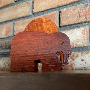 Handcrafted wood Lucky Elephant Coaster Holder with 8 coasters from Thailand